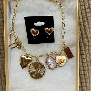 Gold Heart Charm necklace and Earrings Set